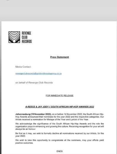 A-Reece clarifies SA Hip Hop awards withdrawal claims - Haybo Wena SA